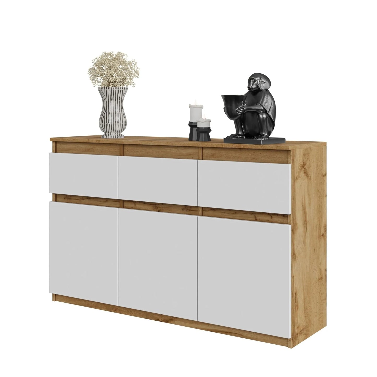 NOAH - Kommode / Sideboard mit 3 Schubladen und 3 Türen - Wotan Eiche / Weiß Matt H75cm B120cm T35cm – Furnica