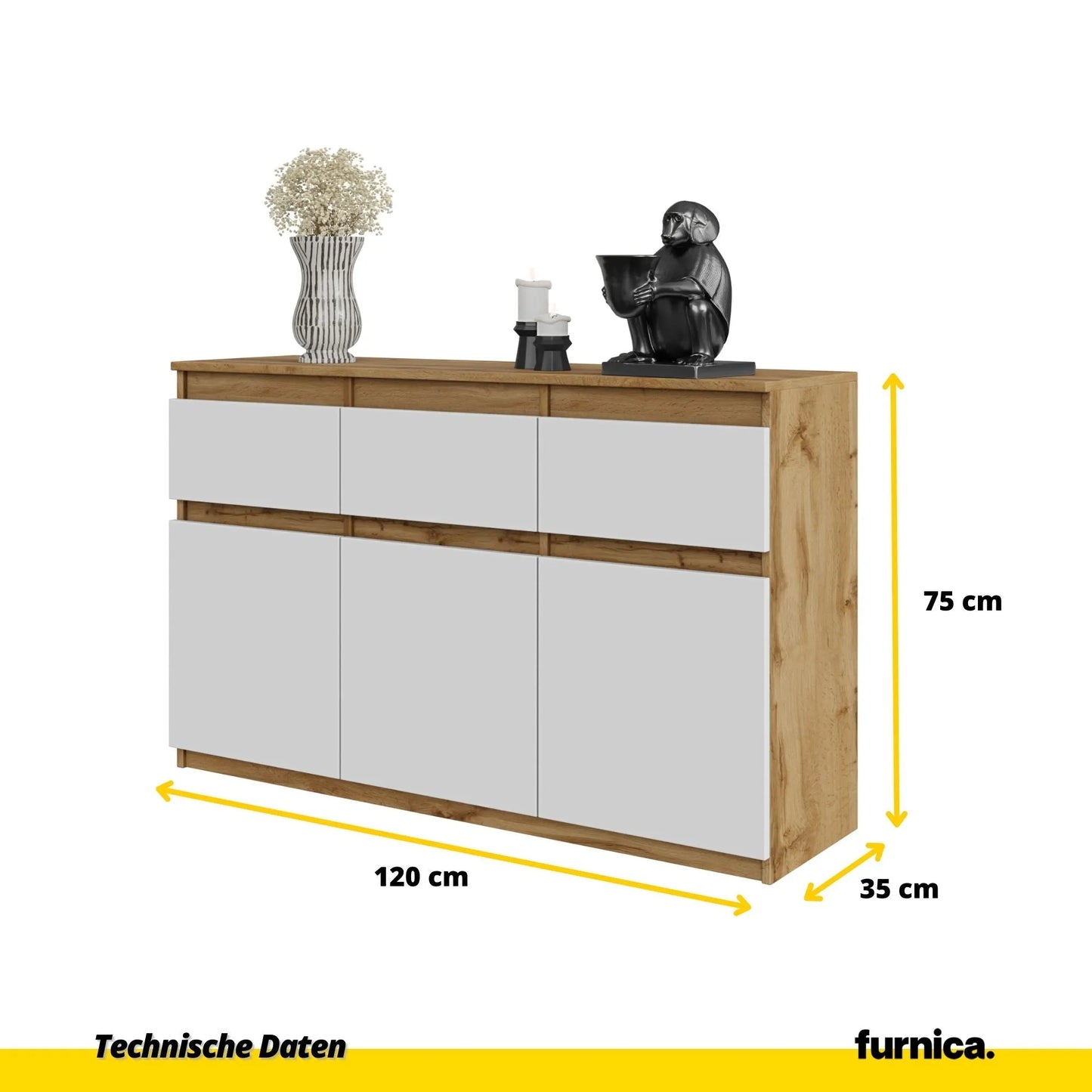 NOAH - Kommode / Sideboard mit 3 Schubladen und 3 Türen - Wotan Eiche / Weiß Matt H75cm B120cm T35cm – Furnica