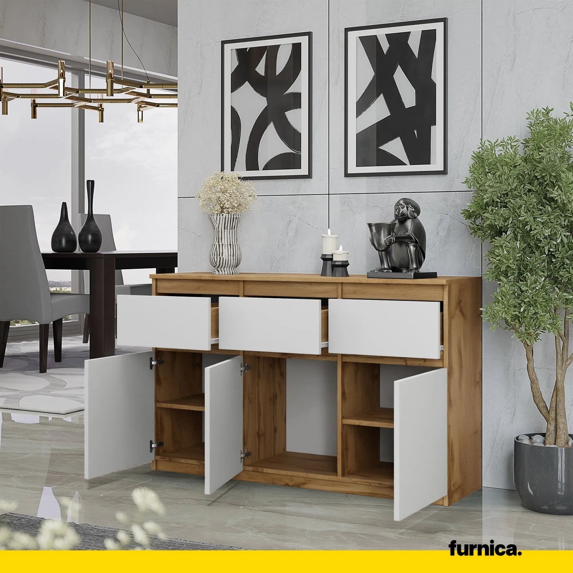 NOAH - Kommode / Sideboard mit 3 Schubladen und 3 Türen - Wotan Eiche / Weiß Matt H75cm B120cm T35cm – Furnica