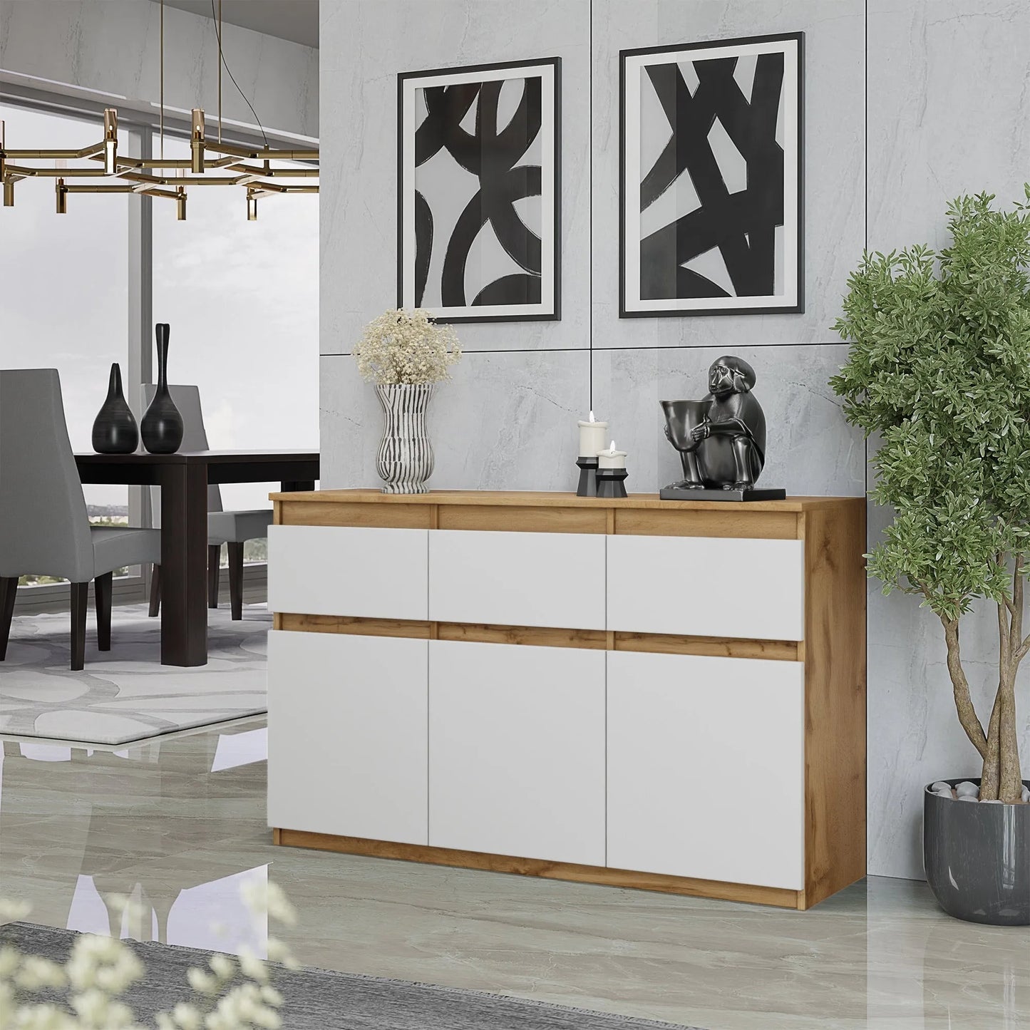 NOAH - Kommode / Sideboard mit 3 Schubladen und 3 Türen - Wotan Eiche / Weiß Matt H75cm B120cm T35cm – Furnica