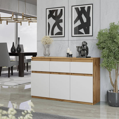 NOAH - Kommode / Sideboard mit 3 Schubladen und 3 Türen - Wotan Eiche / Weiß Matt H75cm B120cm T35cm – Furnica