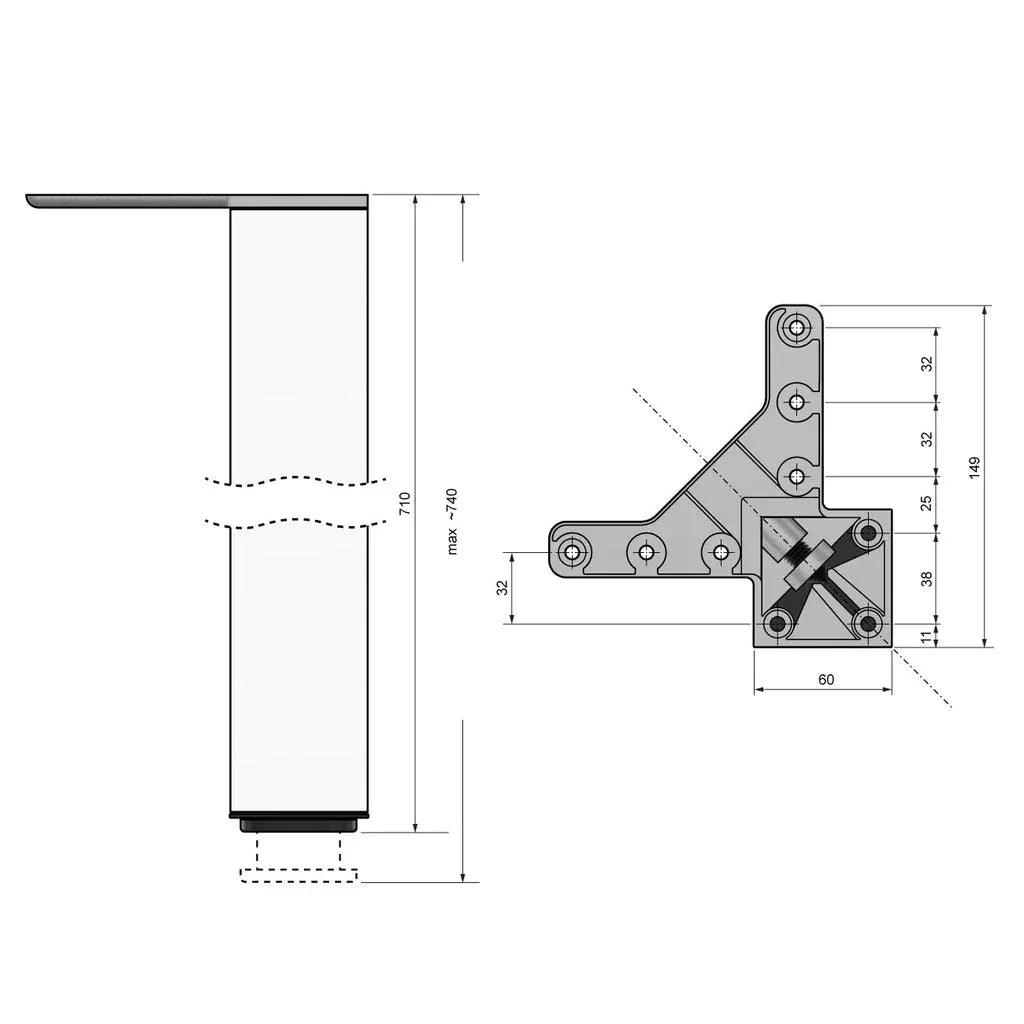 Quadratisches Tischbein 71 cm hoch, Gebürstetes Nickel, ZnAl Montageplatte – Furnica