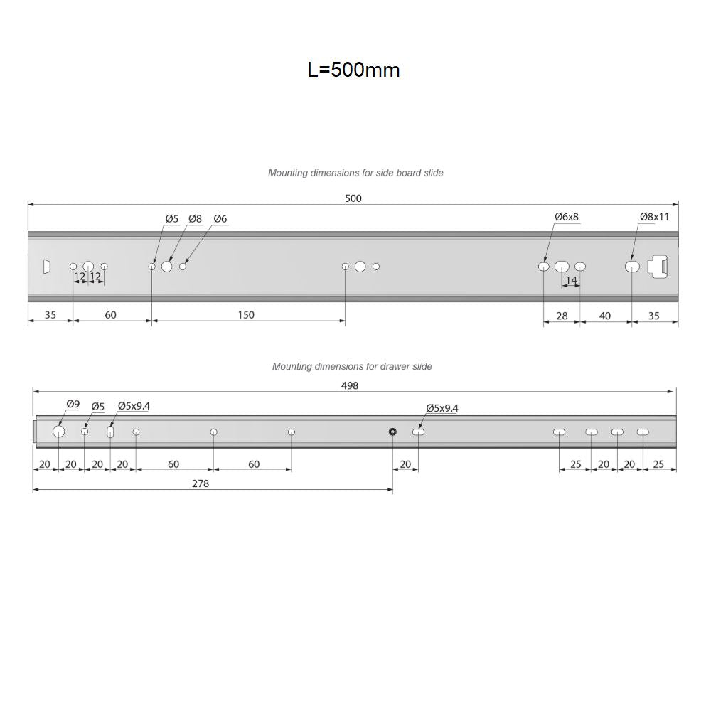 Schubladenschienen Vollauszug 500mm - H53 (1 Satz)