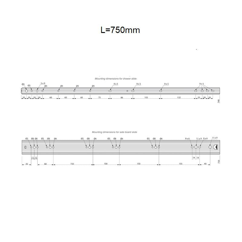 Schubladenschienen Vollauszug 750mm - H53 (1 Satz)