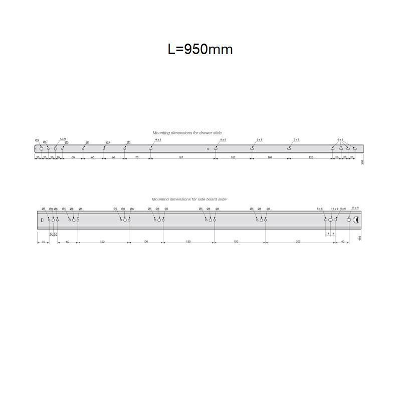 Schubladenschienen Vollauszug 950mm - H53 (1 Satz)
