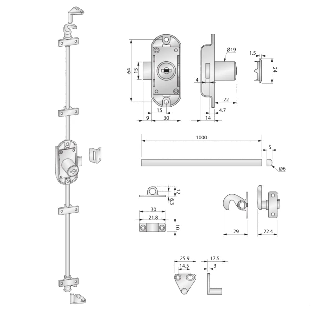 Schubstangenschloss 19x22mm, 2 Stäbe L-1000mm, Nickel – Furnica
