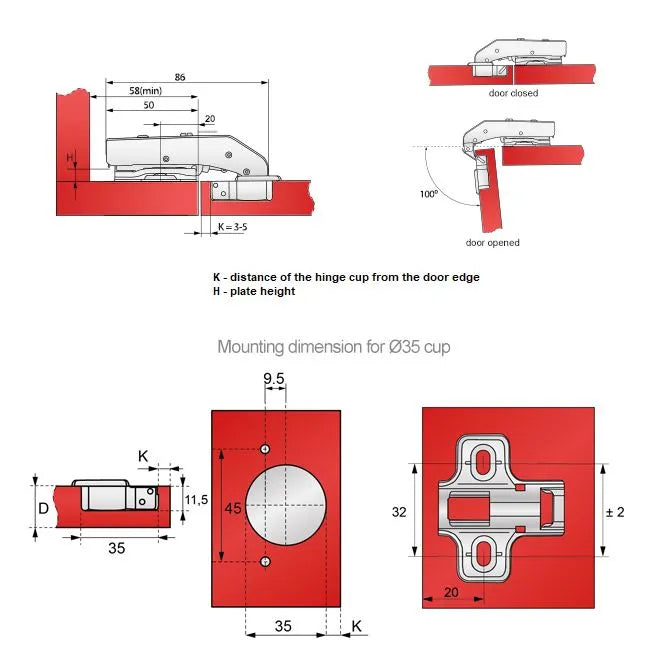 Soft-Close Scharnier Topfband, H2 Montageplatte mit EURO Schrauben für Paralleltüren – Furnica