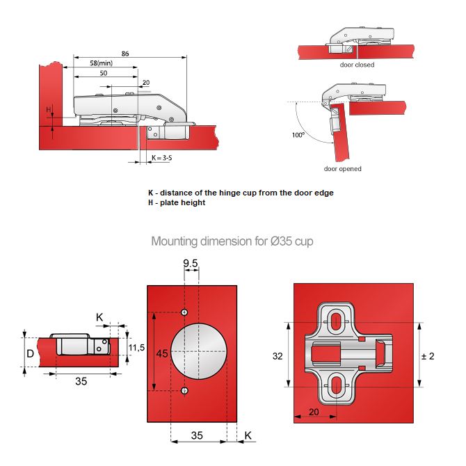 Soft-Close Scharnier Topfband, H2 Montageplatte mit EURO Schrauben für Paralleltüren