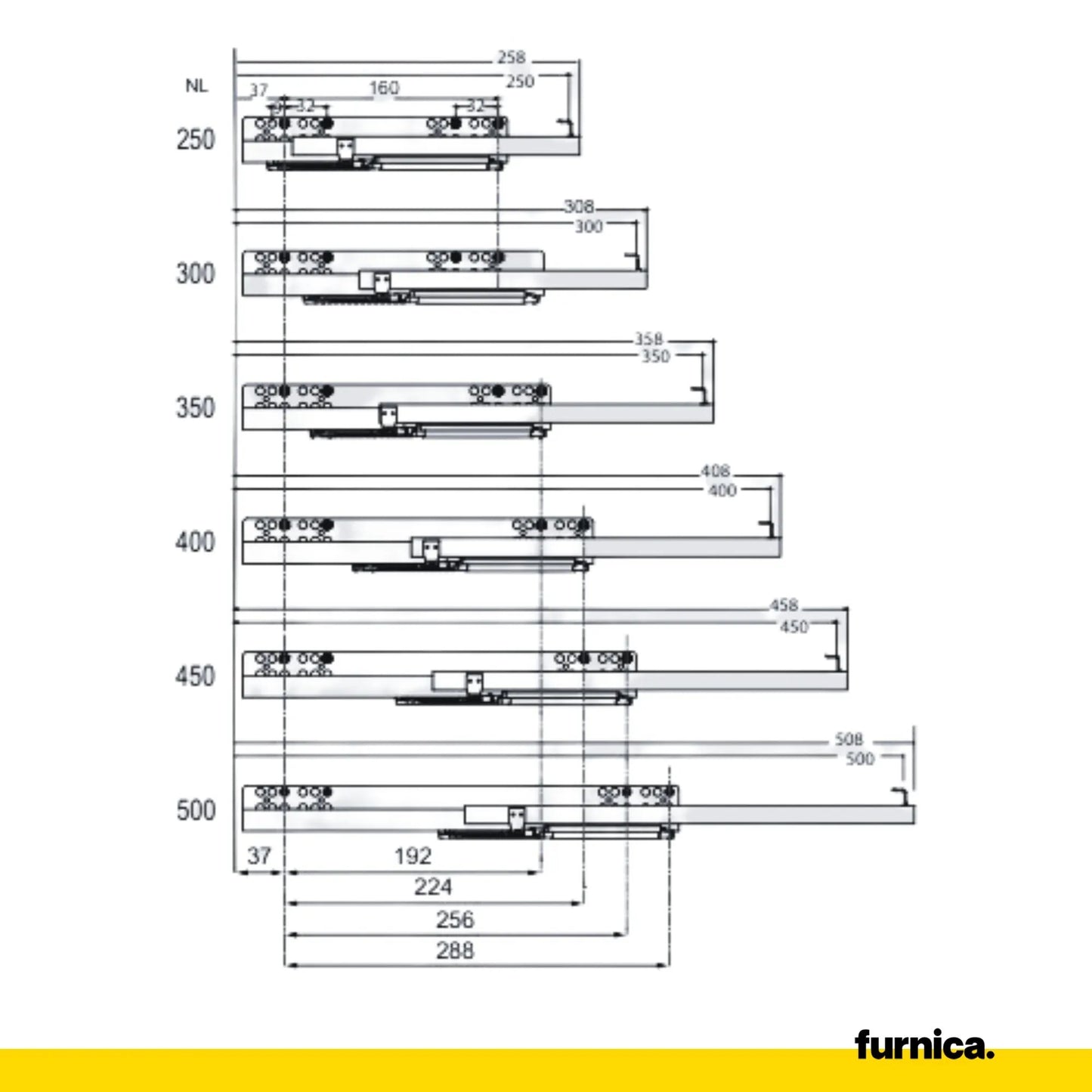 Soft-Close Unterflurführungen Schubladenschienen 250mm - 550mm – Furnica