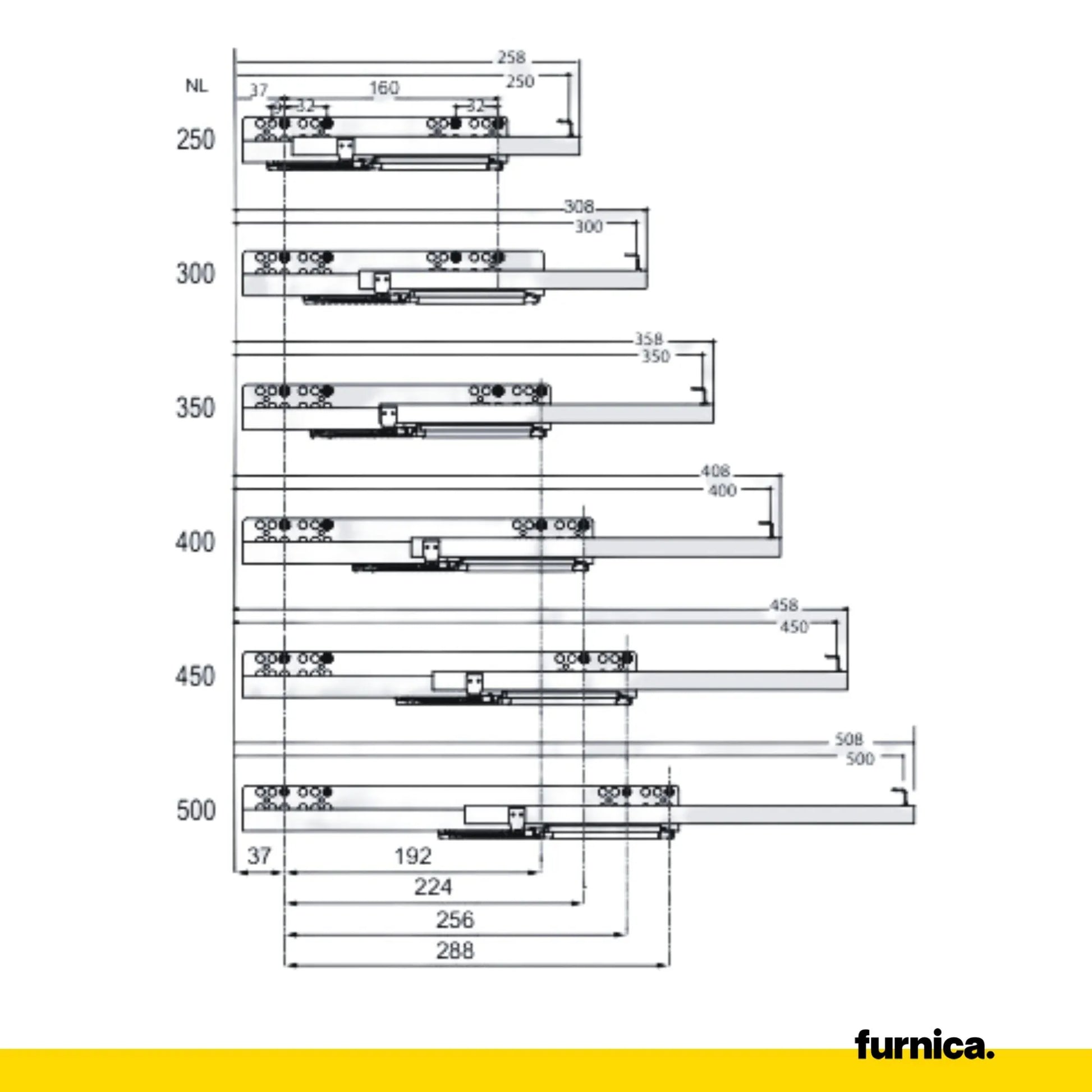 Soft-Close Unterflurführungen Schubladenschienen 250mm - 550mm – Furnica