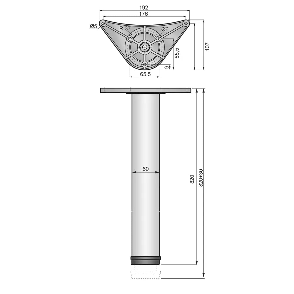 Tischbein 82 cm hoch - ZnAl Montageplatte - Weiß – Furnica