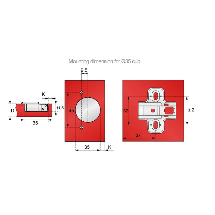 110° Soft-Close Topfband, H0 Montageplatte mit EURO Schrauben mit Kappen, Eckanschlag