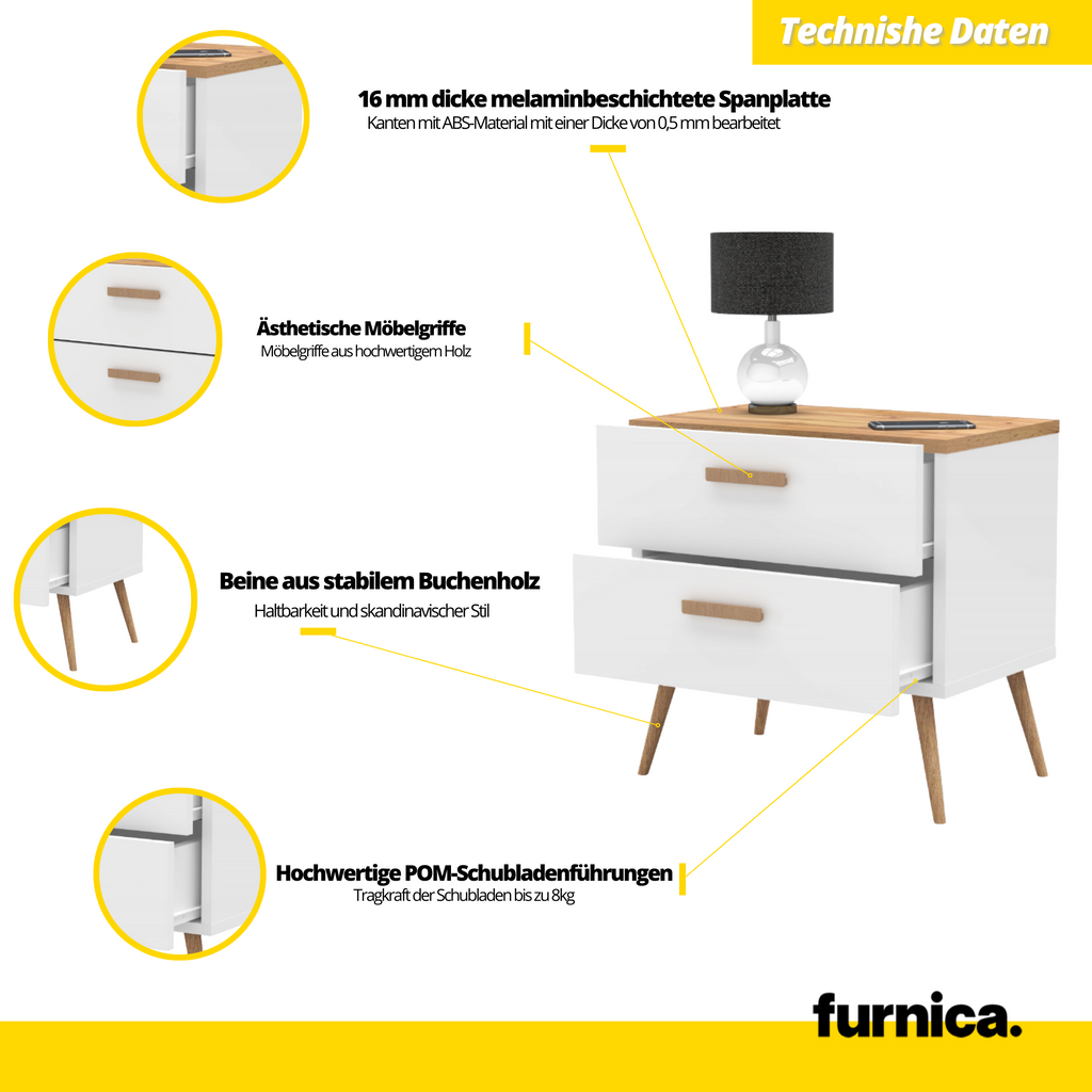 INGRID - Skandinavisch Nachttisch mit 2 Schubladen - Weiß Matt H45cm B45cm T30cm