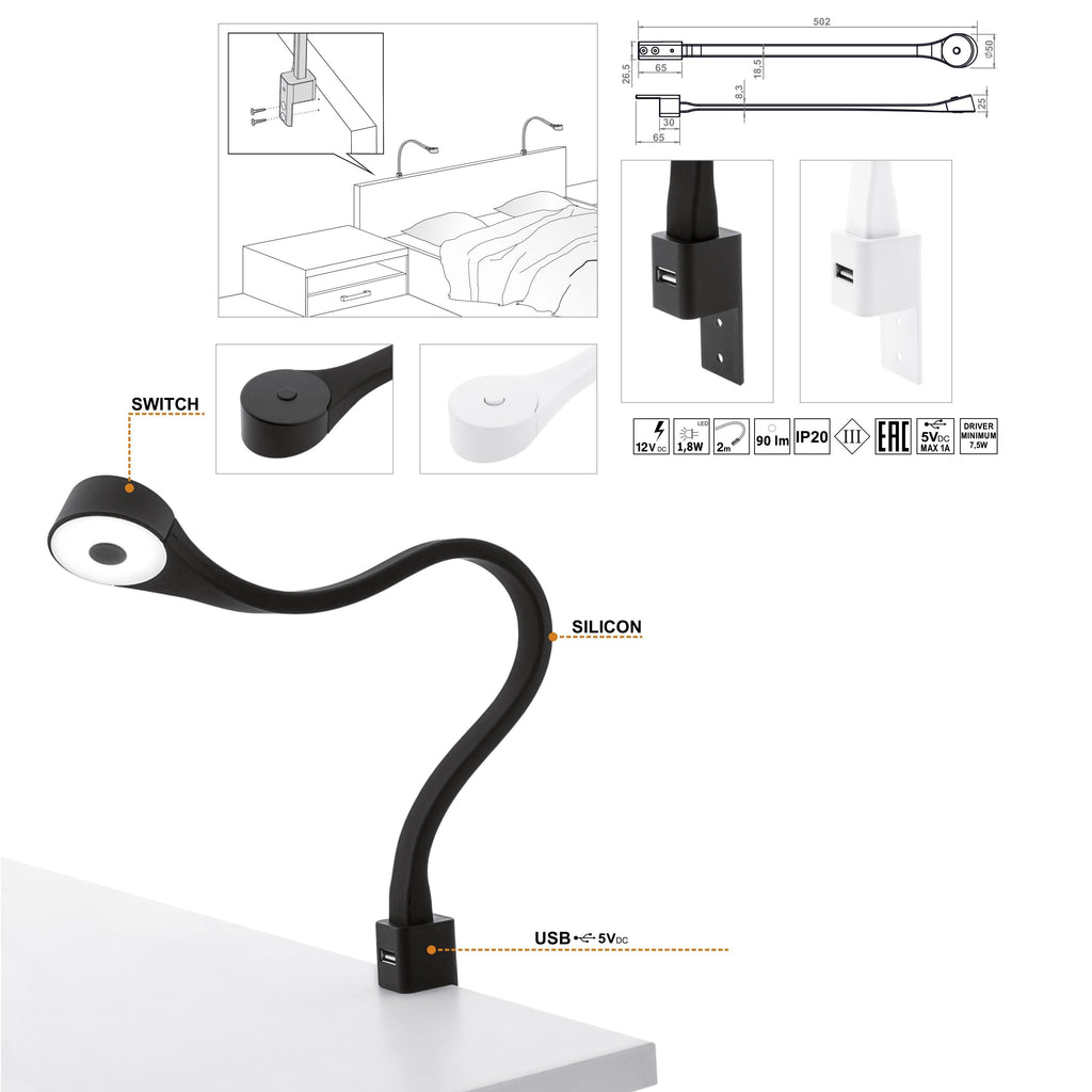 2 Schlafzimmer LED Lampen mit USB + Netzteil (F02)