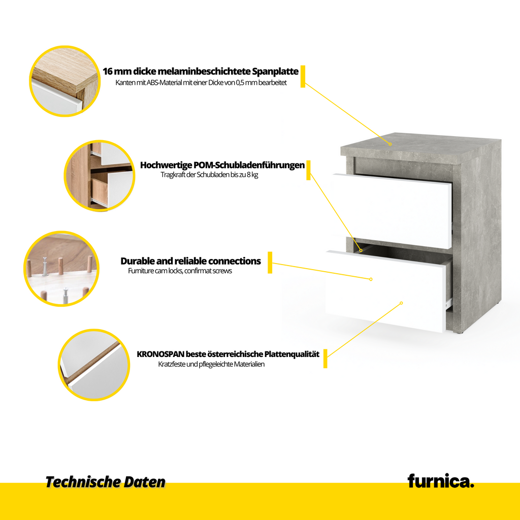 GABRIEL - Nachttisch - Nachtschrank mit 2 Schubladen - Beton-Optik / Weiß Matt H40cm B30cm T30cm