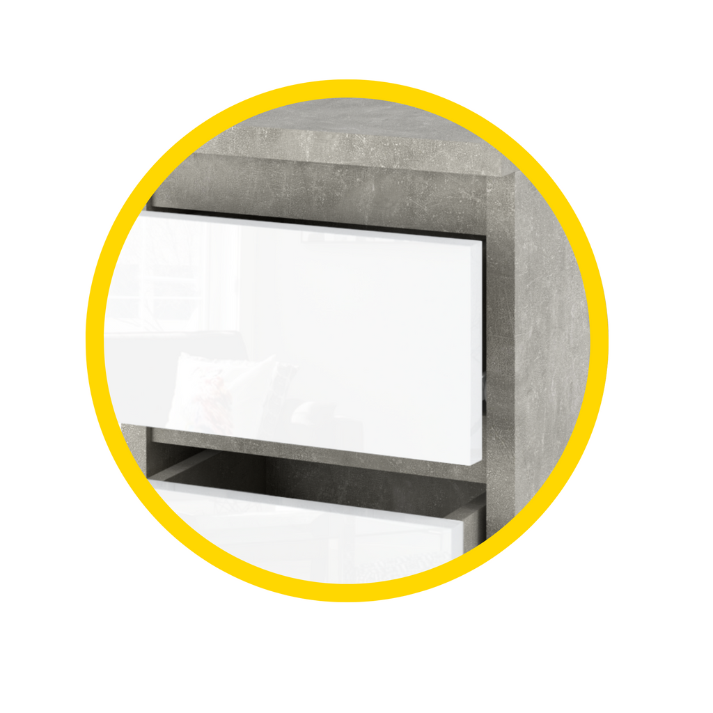 GABRIEL - Nachttisch - Nachtschrank mit 2 Schubladen - Beton-Optik / Weiß Gloss H40cm B30cm T30cm