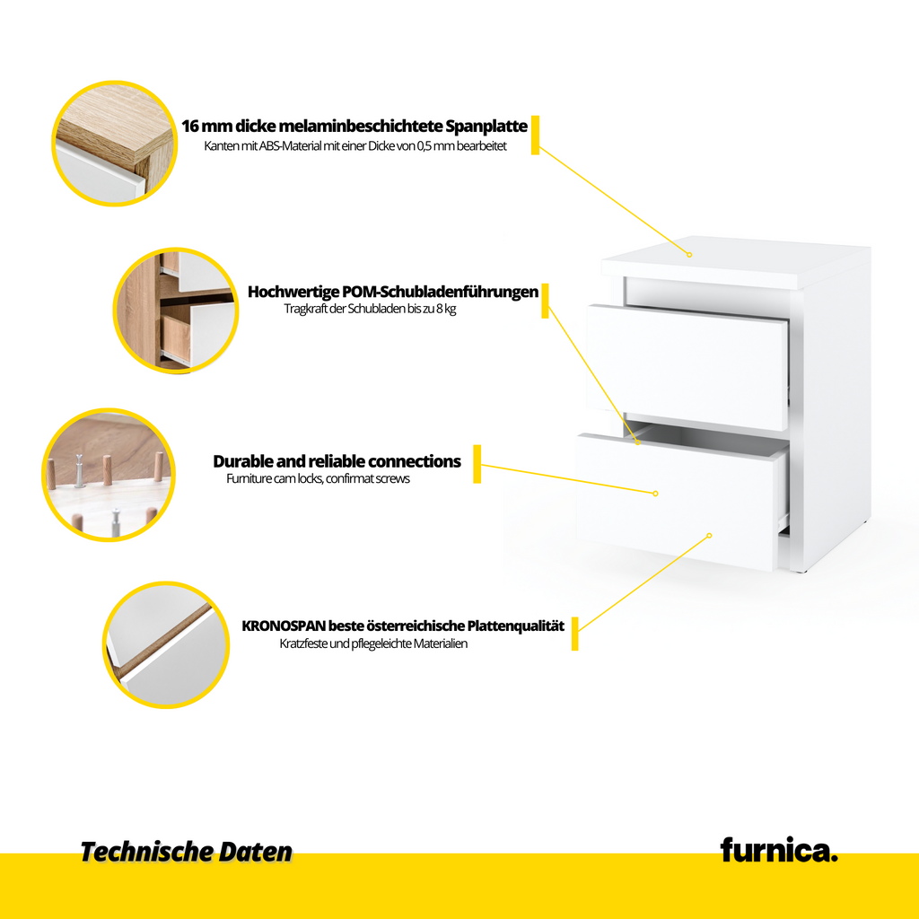 GABRIEL - Nachttisch - Nachtschrank mit 2 Schubladen - Weiß Matt H40cm B30cm T30cm
