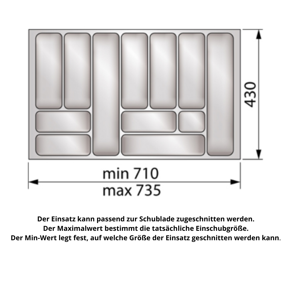 Besteckeinsatz für Schublade, Korpusbreite: 800mm, Tiefe: 430mm - Metallic