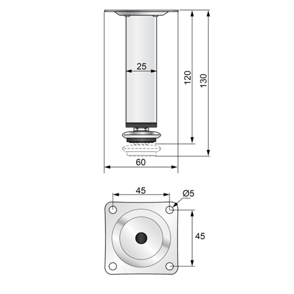 Möbelfüße Quadratisch 25x25mm - 120mm Chrom