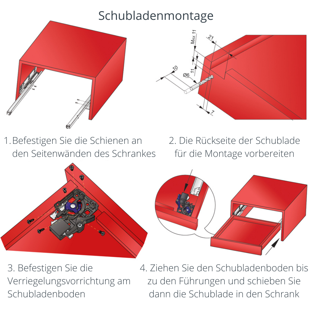 Soft-Close Unterflurführungen Schubladenschienen, 3/4 Auszug 250mm