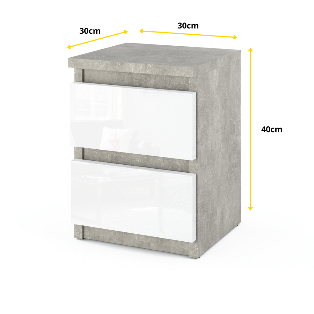 GABRIEL - Nachttisch - Nachtschrank mit 2 Schubladen - Beton-Optik / Weiß Gloss H40cm B30cm T30cm