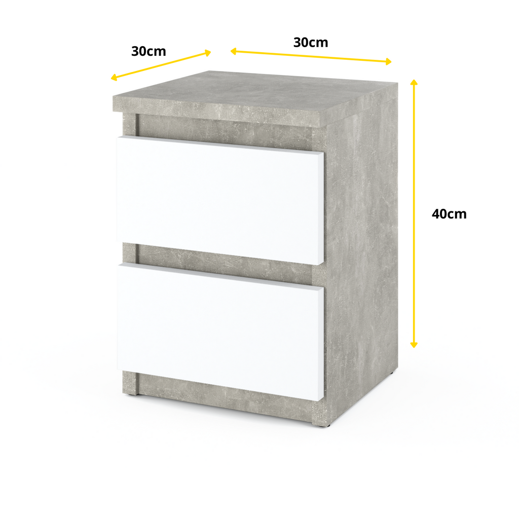 GABRIEL - Nachttisch - Nachtschrank mit 2 Schubladen - Beton-Optik / Weiß Matt H40cm B30cm T30cm