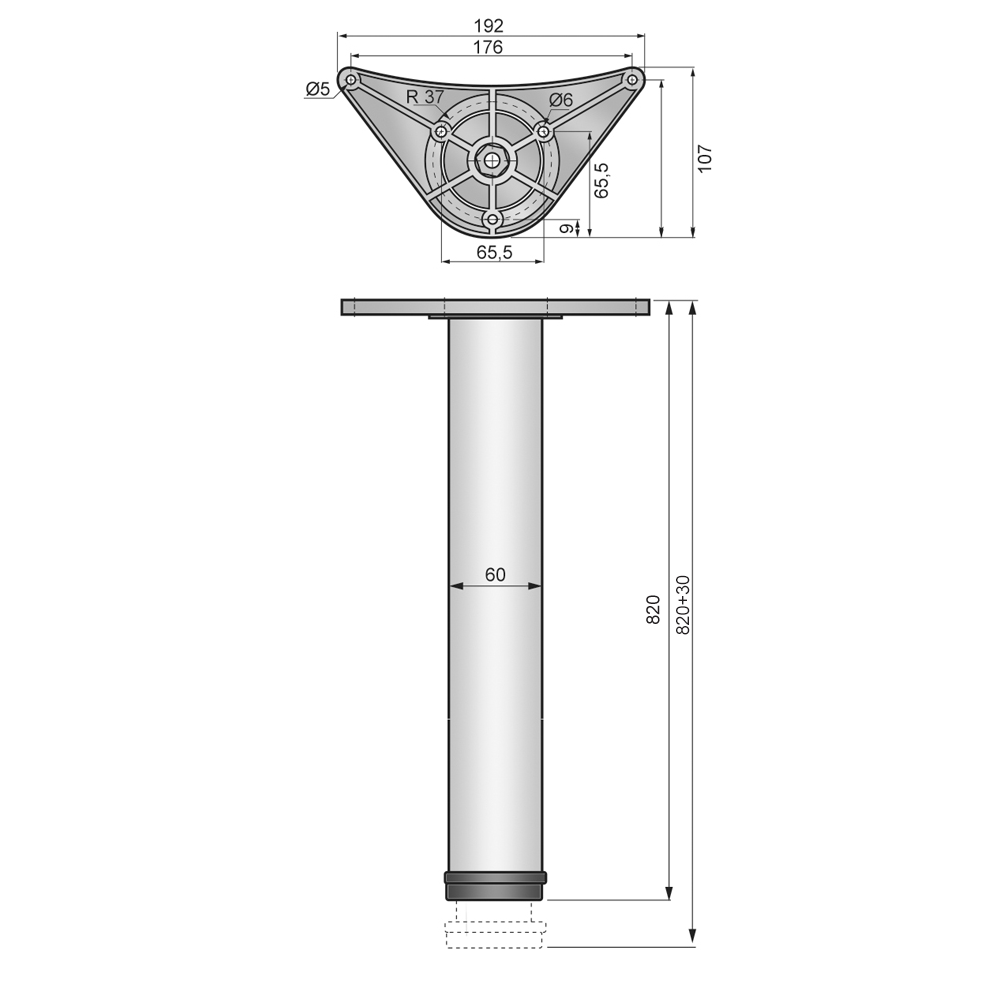 Tischbein 820mm + ZnAl Montageplatte - Aluminium