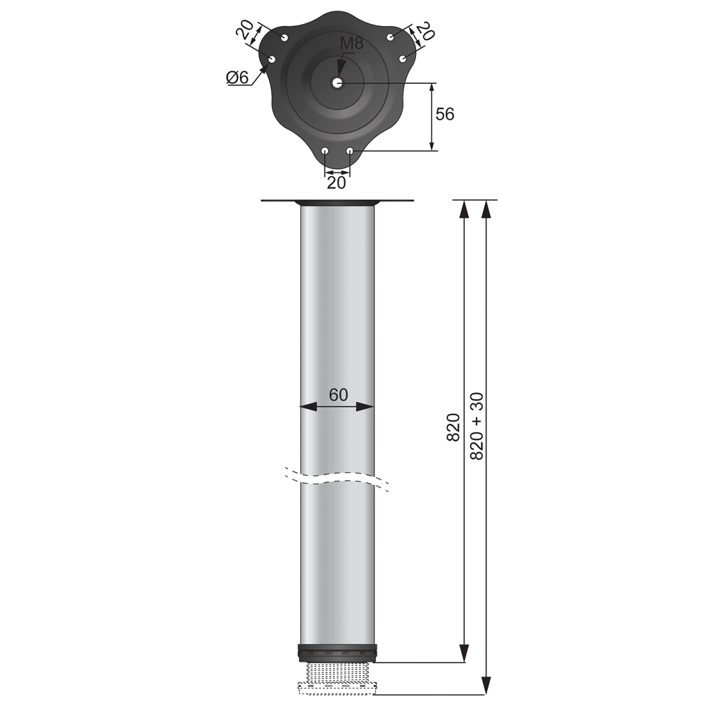 Tischbein 820mm + Stahl Montageplatte - Aluminium