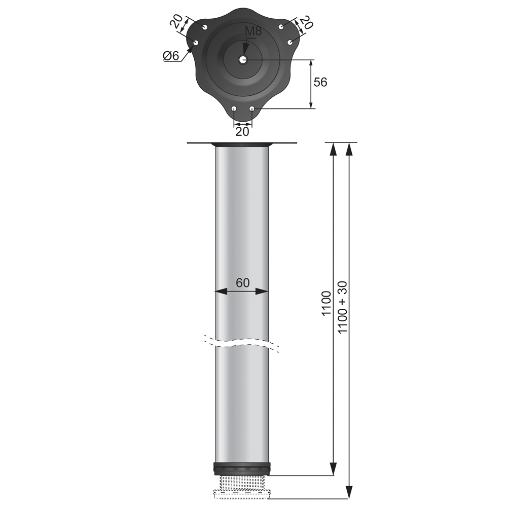 Tischbein 1100mm + Stahl montageplatte - Aluminium