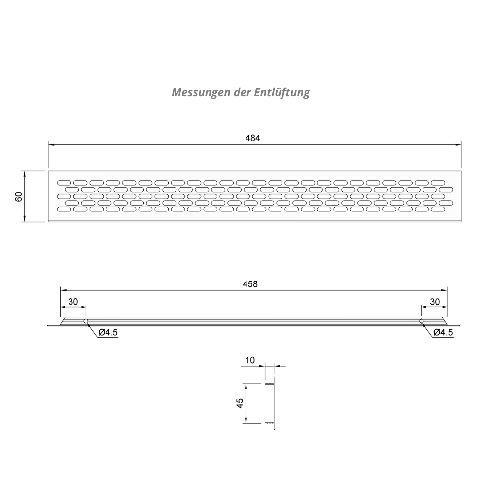 Aluminium-Lüftungsgitter für Küchenarbeitsplatten / Sockel, 484x60mm