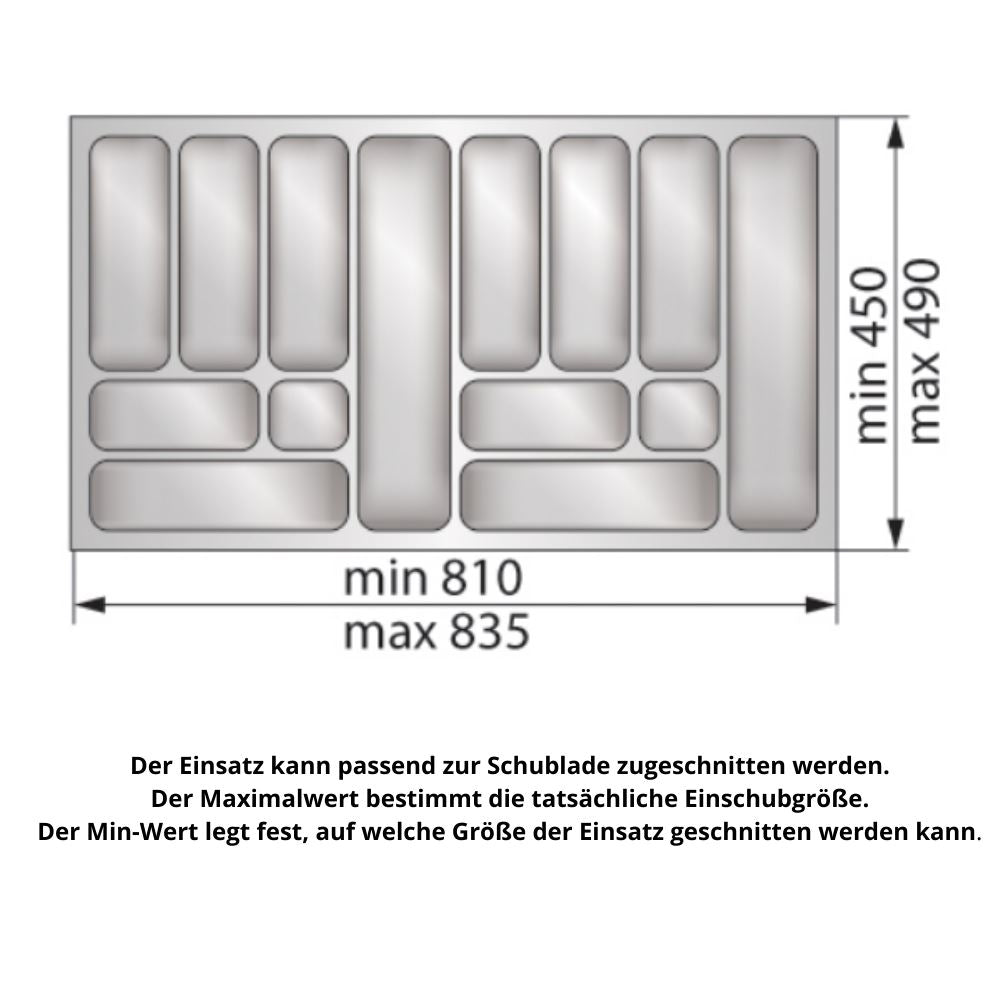 Besteckeinsatz für Schublade, Korpusbreite: 900mm, Tiefe: 490mm - Metallic