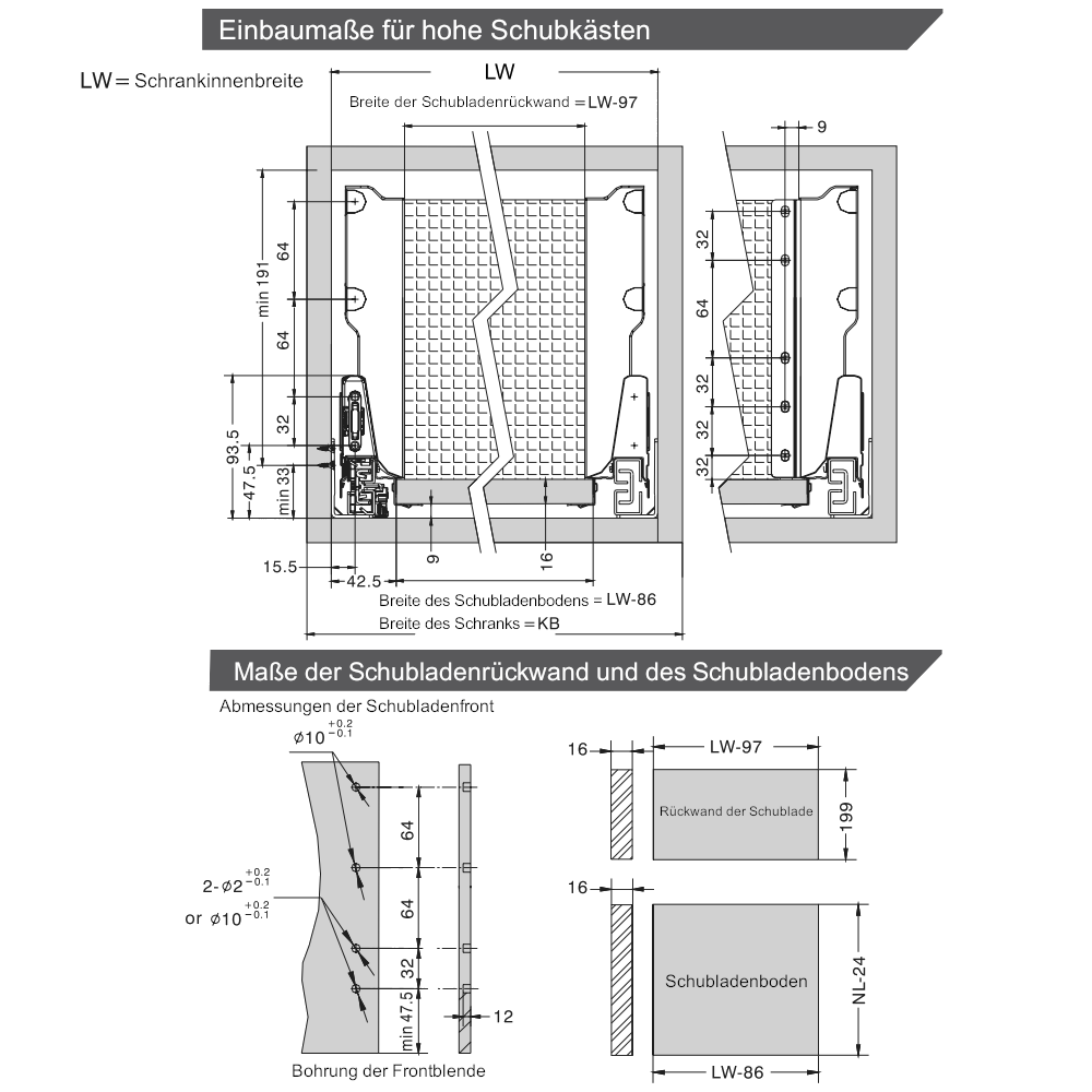 Soft-Close Schubladensystem, HOCH, H: 185mm, Grau 650mm