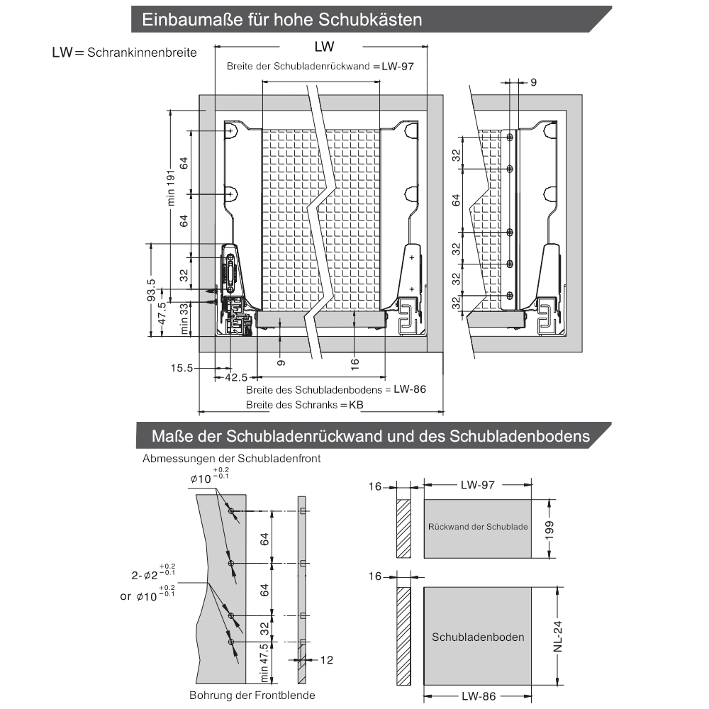 1 Satz Soft-Close Schubladensystem, HOCH, H: 185mm, Weiß