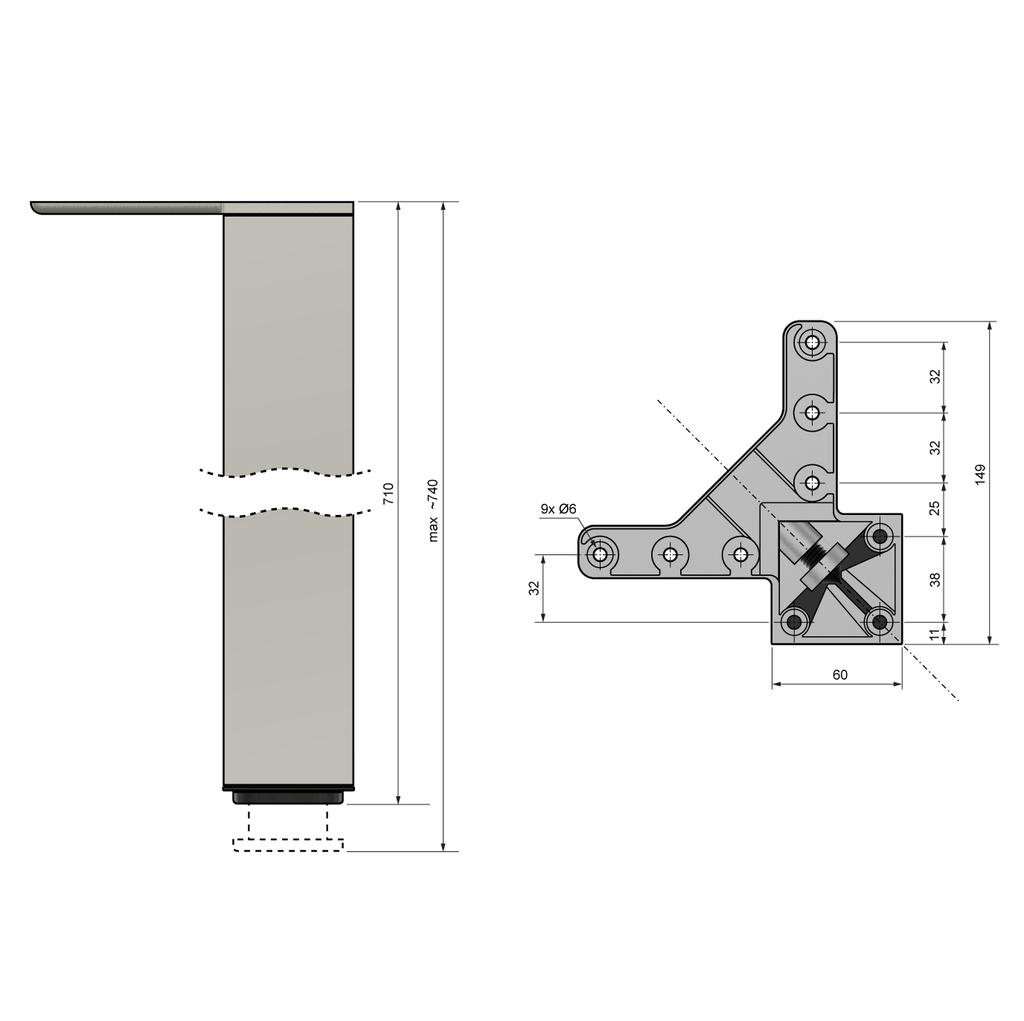 Quadratisches Tischbein 710mm, Aluminium, ZnAl Montageplatte