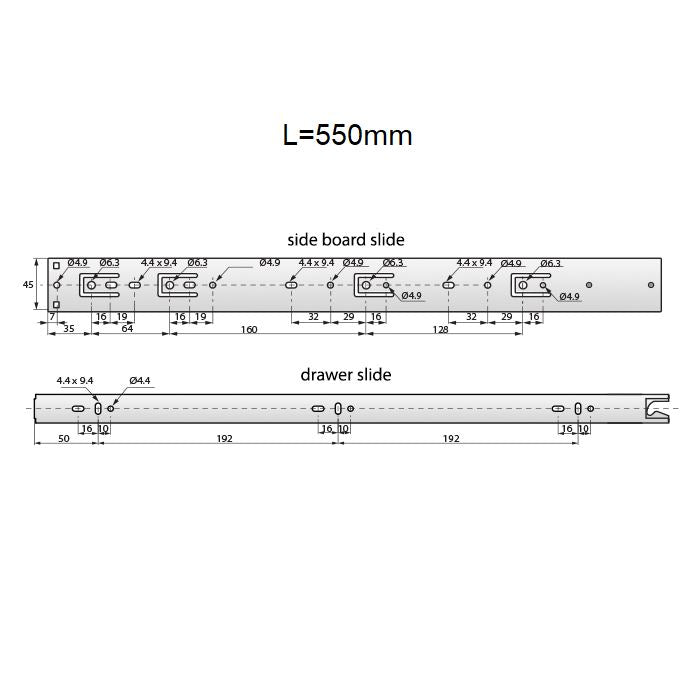 Schubladenschienen Push To Open 550 mm - H45 (1 Satz)