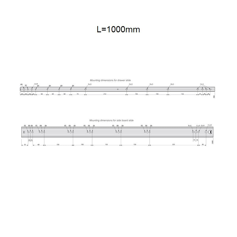Schubladenschienen Vollauszug 1000mm - H53 (1 Satz)