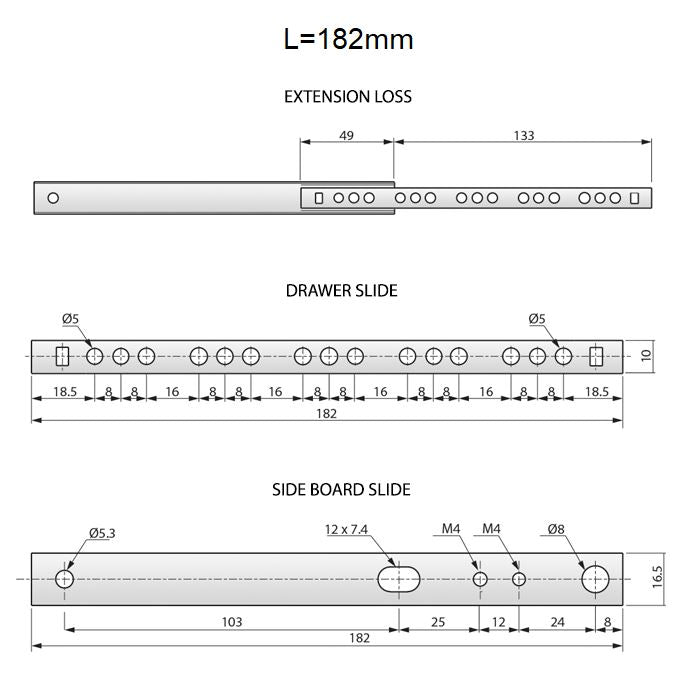 Schubladenschienen Teilauszug 182mm - H17 (1 Satz)