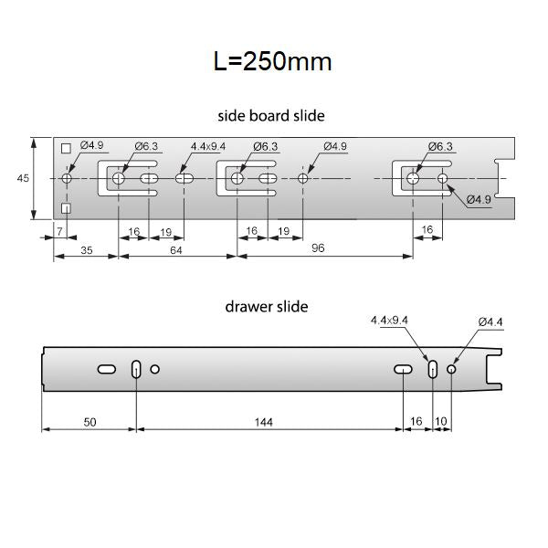 Schubladenschienen Vollauszug 250 mm - H45 (1 Satz)