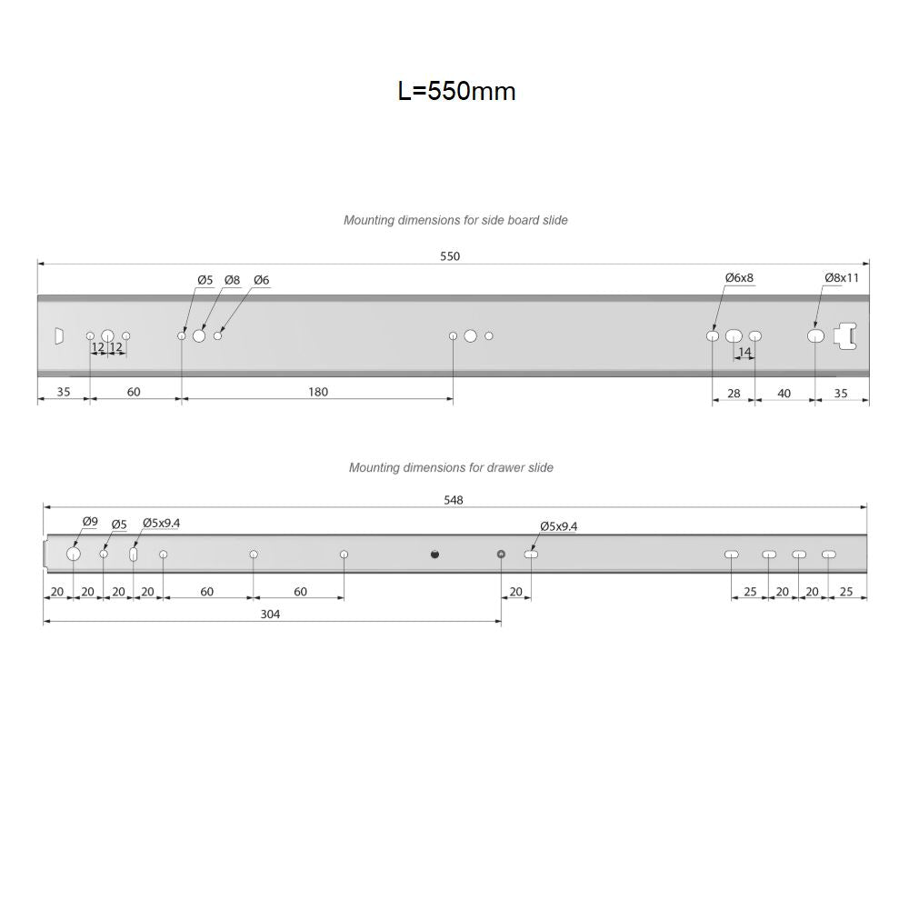 Schubladenschienen Vollauszug 550 mm - H53 (1 Satz)