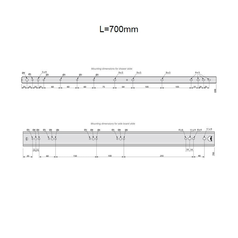 Schubladenschienen Vollauszug 700mm - H53 (1 Satz)