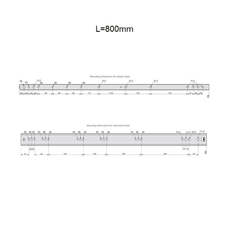 Schubladenschienen Vollauszug 800mm - H53 (1 Satz)