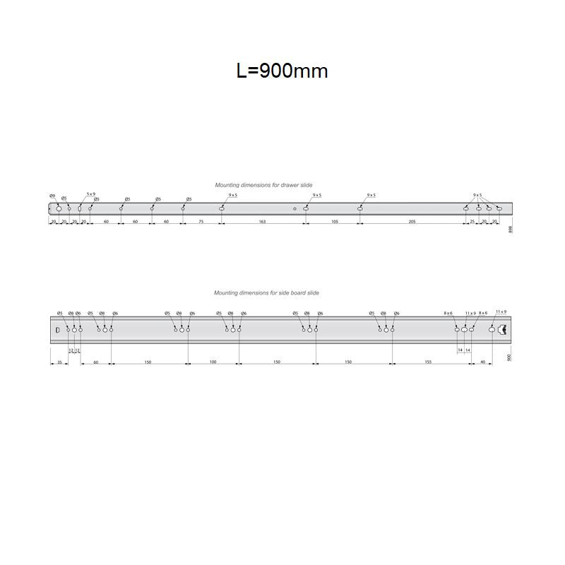 Schubladenschienen Vollauszug 900mm - H53 (1 Satz)