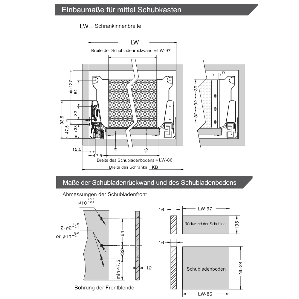 Soft-Close Schubladensystem, MITTEL, H: 142mm, Grau 350mm